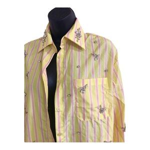 Bejeweled Yellow pink striped button down‎ collared shirt blouse top size medium